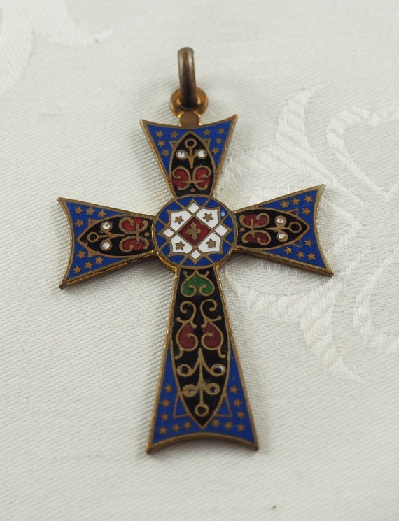 Vintage Cloisonné Enamel Templar Style Cross Pend… - image 2