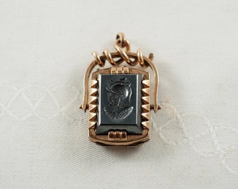 Antique Victorian Swivel Locket in Gold Filled, Obsidian Intaglio of a Warrior, Onyx Reverse, for 2 Photog, Watch Fob, Germany 1870s