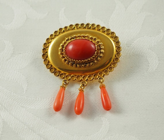 Antique Victorian 14K Yellow Gold and Coral Oval Brooch Etruscan Revival Large Oval Red Coral Cabochon 3 Salmon Pink Drops Germany 1860s Etsy