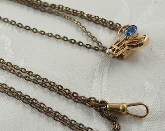 Antique Gold Filled Watch Chain, Art Nouveau Slide Blue Paste & Pearl, 148cm, Germany 1890