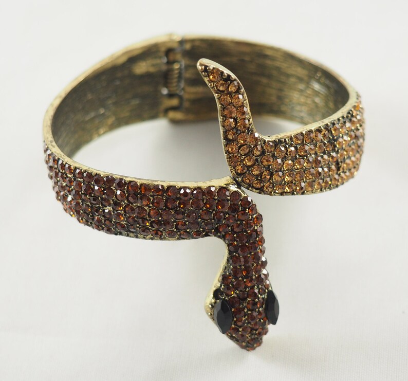 Set with Cognac Colored Rhinestones Slave Bracelet Vintage Costume Jewelry Snake Bracelet Sprung Hinge Fastening Germany 1970s