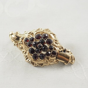 Antique Victorian Bohemian Garnet Neo Rococo Brooch, Gold Filled, 17 Rose Cut Garnets, Sentimental Brooch, Damage, Germany  1850s