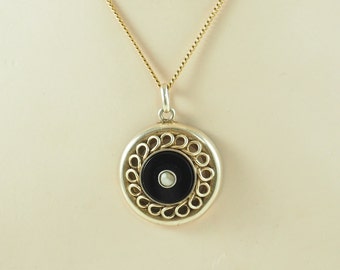 Vintage Gold Filled and Onyx  Circular Pendant and Chain, with a Blister Pearl Center, Rolled Gold, Chain Marked, Germany 1930s