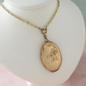 Op de afbeelding: Een goudkleurige ovale medaillonhanger met een bloemmotief, hangend aan een delicate ketting. Het medaillon heeft een geëtste bloem met kleine rode accenten. De ketting en hanger worden getoond op een witte mannequinborst.