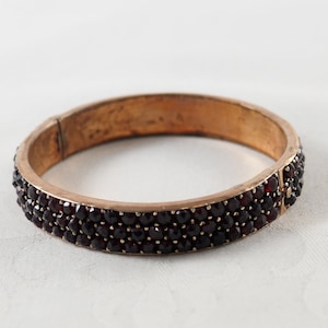 Antique Victorian Bohemian Garnet Three Row Hinged Bracelet, 155 Rose Cut Garnets Pave Set, January Birthstone, Bohemia 1880