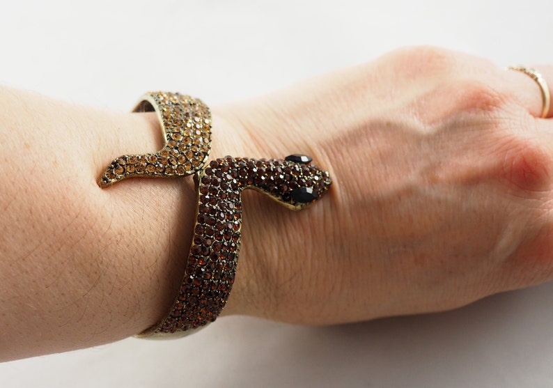 Set with Cognac Colored Rhinestones Slave Bracelet Vintage Costume Jewelry Snake Bracelet Sprung Hinge Fastening Germany 1970s