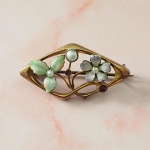 Art Nouveau Sweetheart Brooch, Gold Filled/ Enamel, Rubies and Faux Pearls Accents, Germany 1890-1900