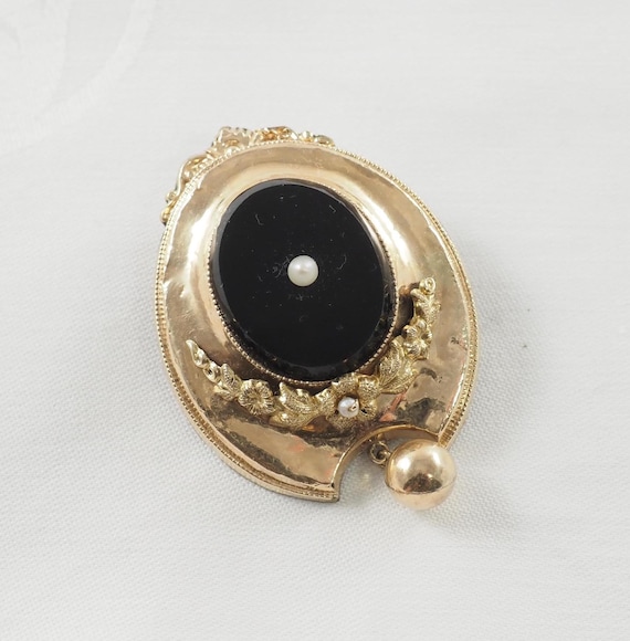 Broche Ancienne Plaquée Or Et Onyx Du XIXe (Napoléon III) - Bijou De Deuil - Occasion