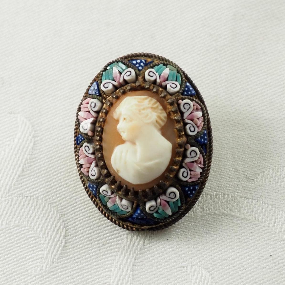 Antique Micro Mosaic and Shell Cameo Brooch, Made in Italy, 1910s