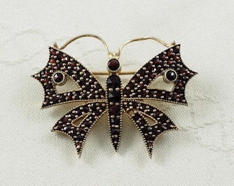 Vintage Art Deco Bohemian Garnet Butterfly Brooch: 900 Silver Gilt, Czechoslovakia 1930