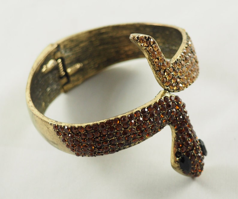 Set with Cognac Colored Rhinestones Slave Bracelet Vintage Costume Jewelry Snake Bracelet Sprung Hinge Fastening Germany 1970s