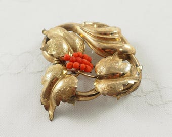 Antique Victorian Gilt Metal Coral Brooch, Grapes & Vine Leaves, Germany 1870s