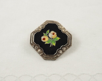 Art Deco Silver Plated and Enamel Octagonal Brooch, Black Enamel with Yellow and Red Roses, Rose Border, Simple Pin, Germany 1930s