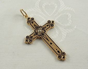 Antique Victorian 14K Gold  Cross, Cushion Shaped Diamond and Black Enamel Endless Knot, Mourning Cross, Acid Tests as 14K, Germany 1880s