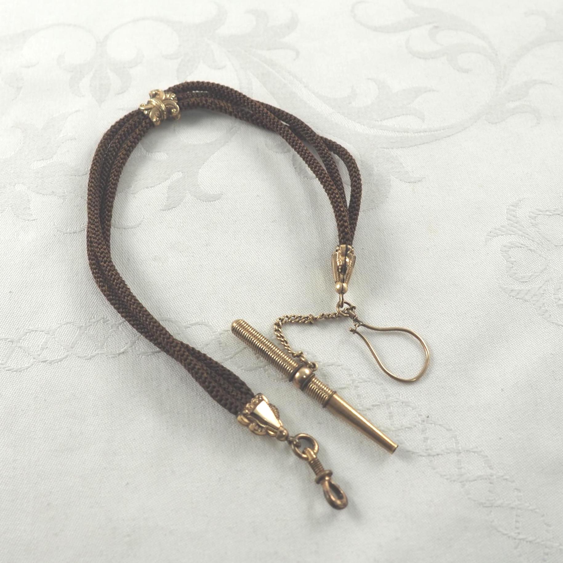 Antique Victorian Pocket Watch Chain, Human Hair, Gold Filled