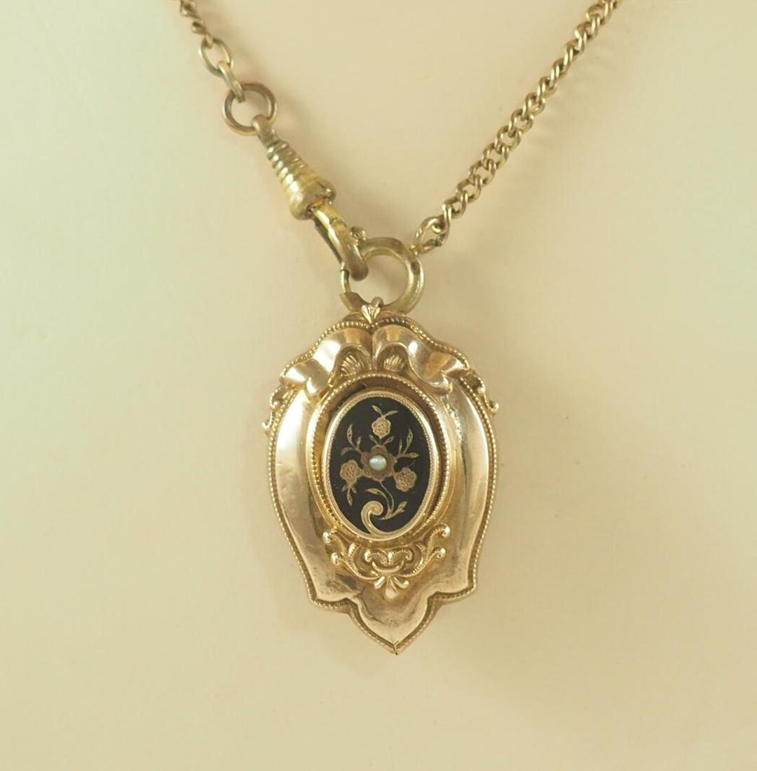 Antique Victorian Gold Filled Locket Brooch, Black Enamel, Rose of ...