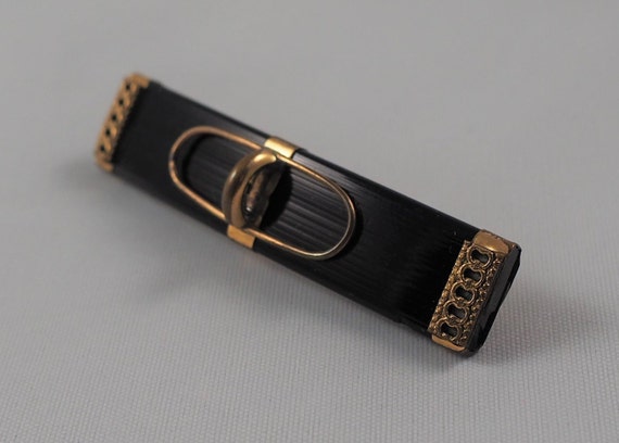 Antique Mid Victorian Onyx and Gilt Bar Brooch, G… - image 4