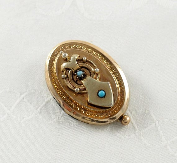 Antique Victorian Silver Gilt Brooch, Turquoise Set Buckle Motif, Austrian Import 1870-90