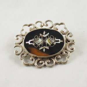 Vintage Taxco Sterling Silver Brooch with Abalone & Horn Inlay, Mexico 1950