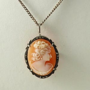 Pode incluir: Colar com pingente de camafeu oval apresentando o perfil de uma mulher com um penteado elaborado. O camafeu é emoldurado em uma moldura de metal escuro e pendurado em uma corrente de prata. O perfil da mulher é esculpido em tons de pêssego e branco.