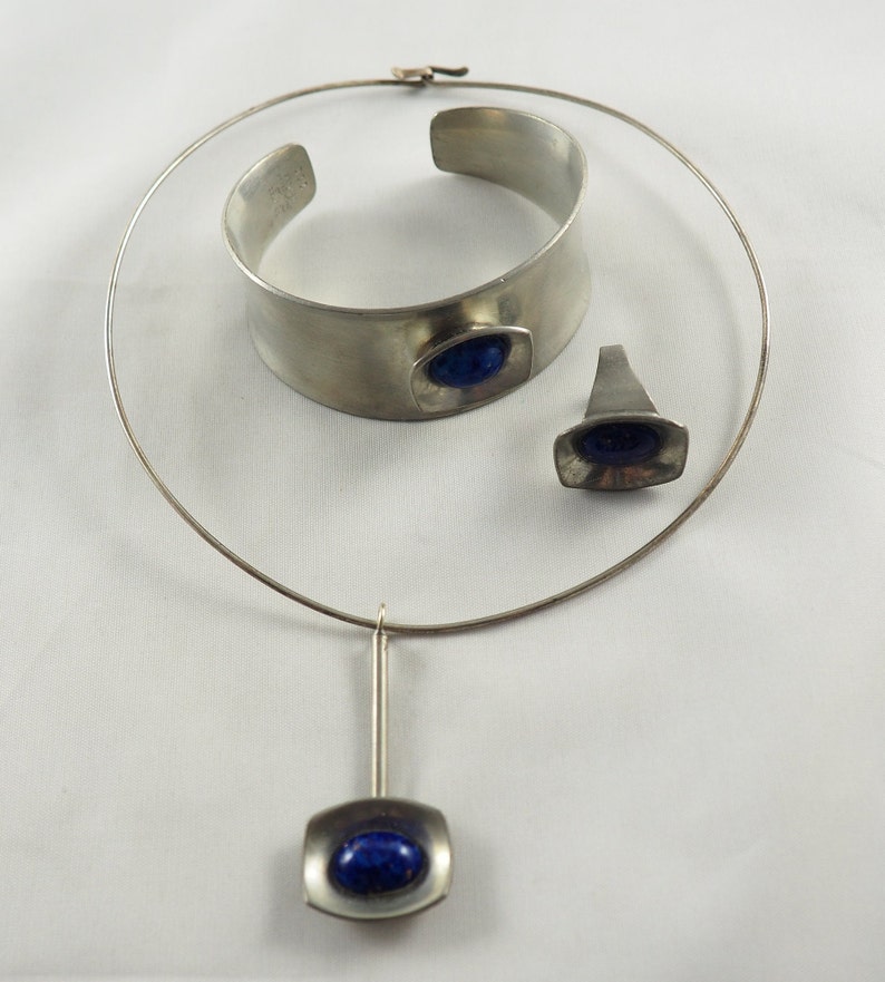 Vintage J\u00f6rgen Jensen Danish Modernist Pewter Pendant Adjustable Bangle and Ring,Lapis Lazuli Denmark 1970 Marked on Pendant and Bangle