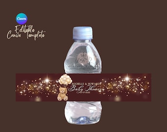 Bear Balloons Water Bottle Labels, Editable Template for Baby Showers, Baby Bear Gender Neutral Water Bottle Label