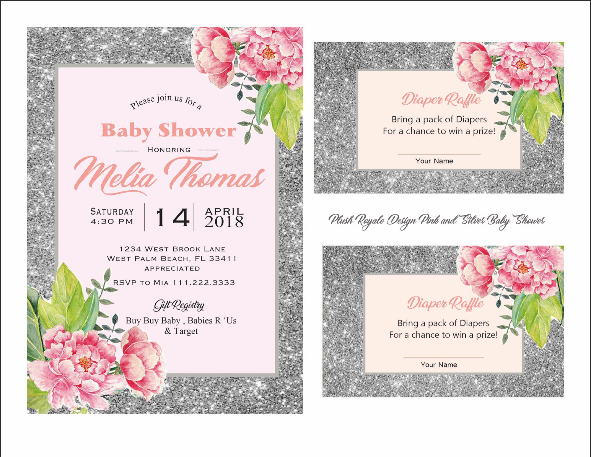 pink and silver glitter girl baby shower sparkle invitations raffle