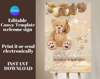 Teddy Bear Balloon Welcome Sign, Gender Neutral Teddy Baby Shower Sign, Editable Welcome Sign, Welcome Poster, Printable Brown Signage