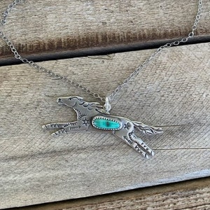 Wild Horse Pendant, Sterling Silver, Turquoise, Hand Stamped, Horse Necklace, Handmade, Running Horse, Visible Faith Jewelry