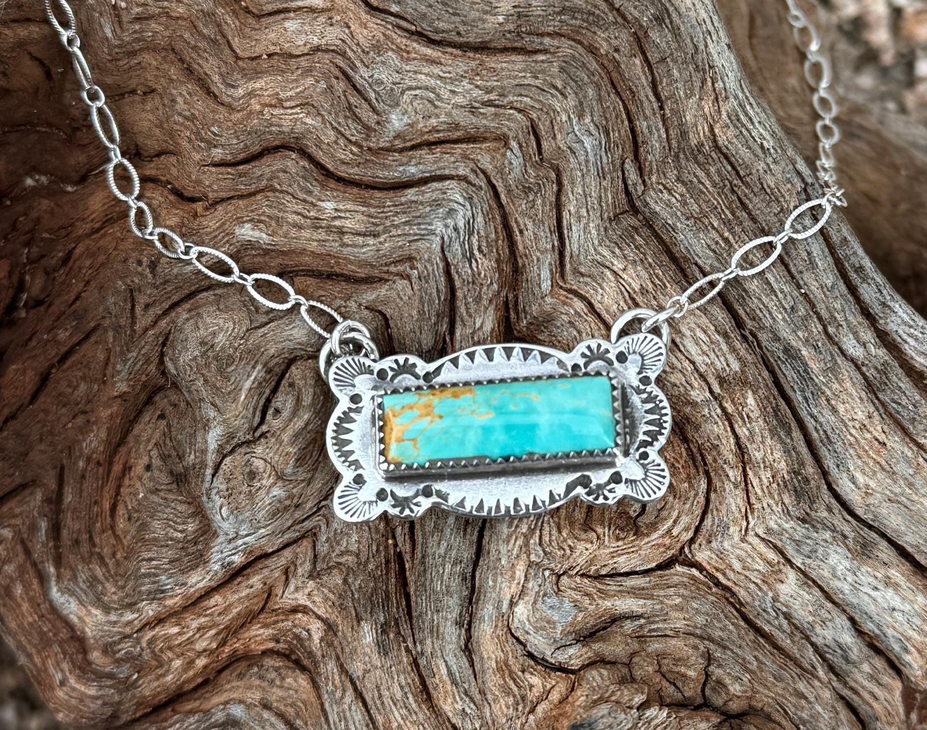 Kootenai Turquoise Bar Necklace, Solid Sterling Silver, Handmade, Visible Faith Jewelry