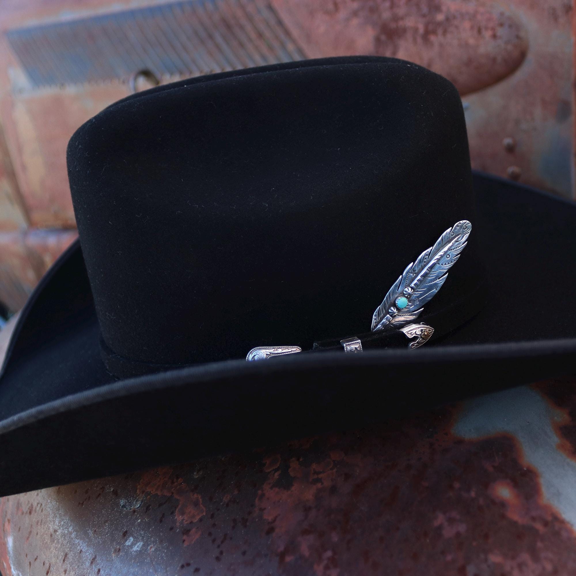Cowboy Hat with deer skull,  feather and turquoise pin with Sedona red hat band Turquoise Studded Hat Band - Etsy main image 2