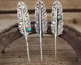 Shoshone, Sterling Silver, Toothpick with Turquoise, Customizable Toothpick, Sterling Silver Feather Toothpick, Visible Faith Jewelry