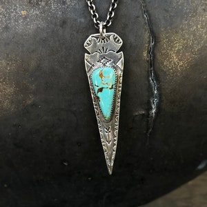 Otoe Long Arrowhead with Turquoise Pendant, Arrowhead Necklace, Turquoise, Handmade, Sterling Silver, Visible Faith Jewelry