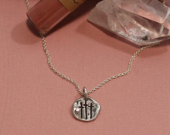 On Calvary Pendant, Sterling Silver Jewelry, Christian, Handmade, Cross, Necklace, Three Crosses, Dainty, Small, Visible Faith Jewelry