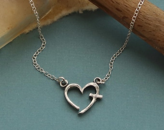 Selfless Necklace, Christian, Handmade, Heart Necklace, Heart with Cross Necklace, Sterling Silver Necklace, Visible Faith Jewelry