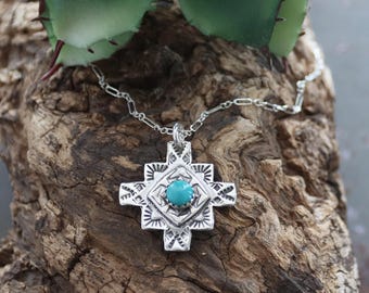 Las Cruces Pendant, Sterling Silver Necklace, Simple Turquoise Necklace, Zia Pendant Necklace, Visible Faith Jewelry