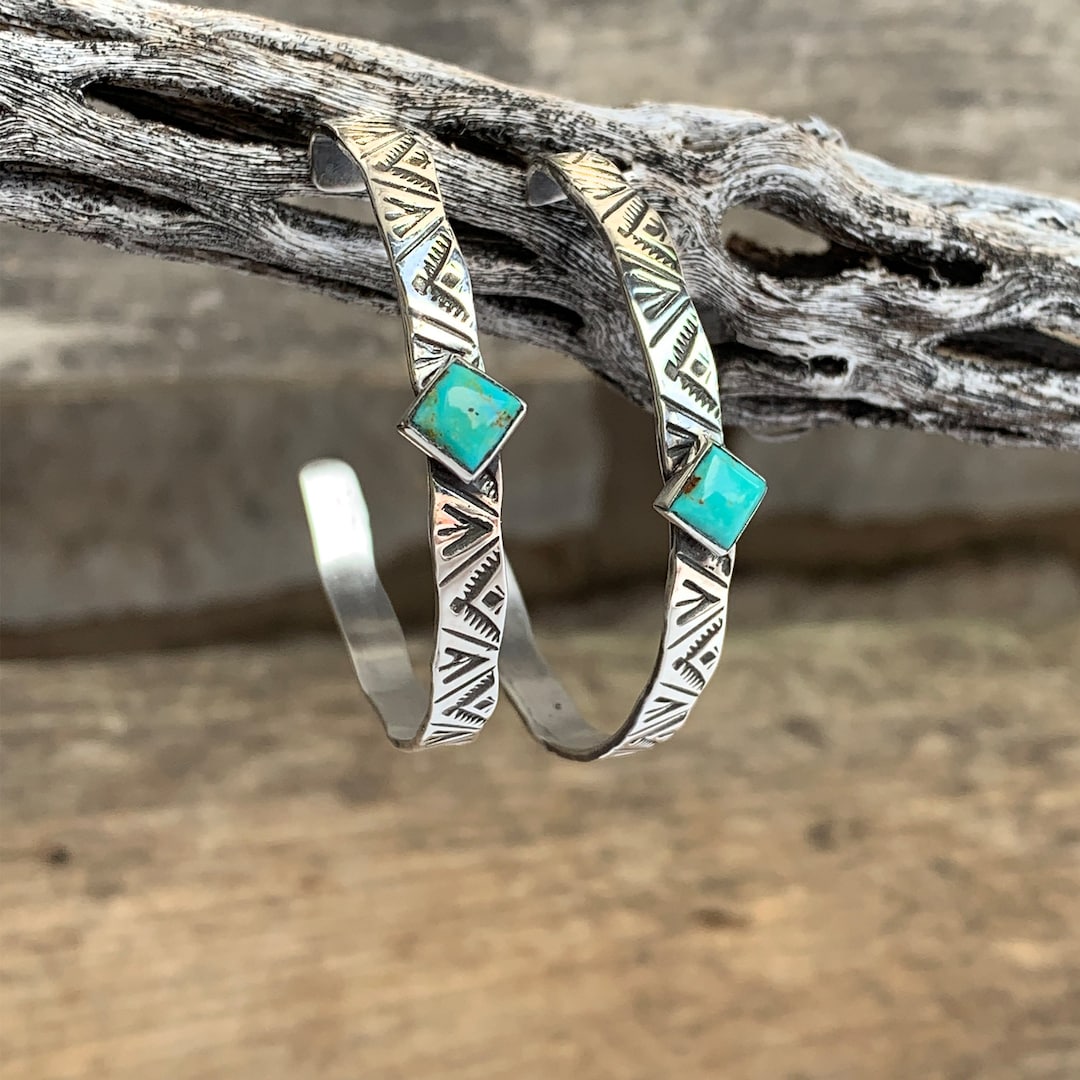 Chickasaw Large Hoop, Stamped Navajo Style Hoops, Sterling Silver Hoops