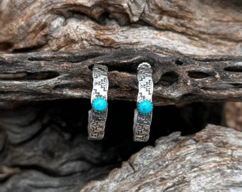 Lompoc Small Hoop Earrings, Solid Sterling Silver, Turquoise, Handmade, Visible Faith Jewelry