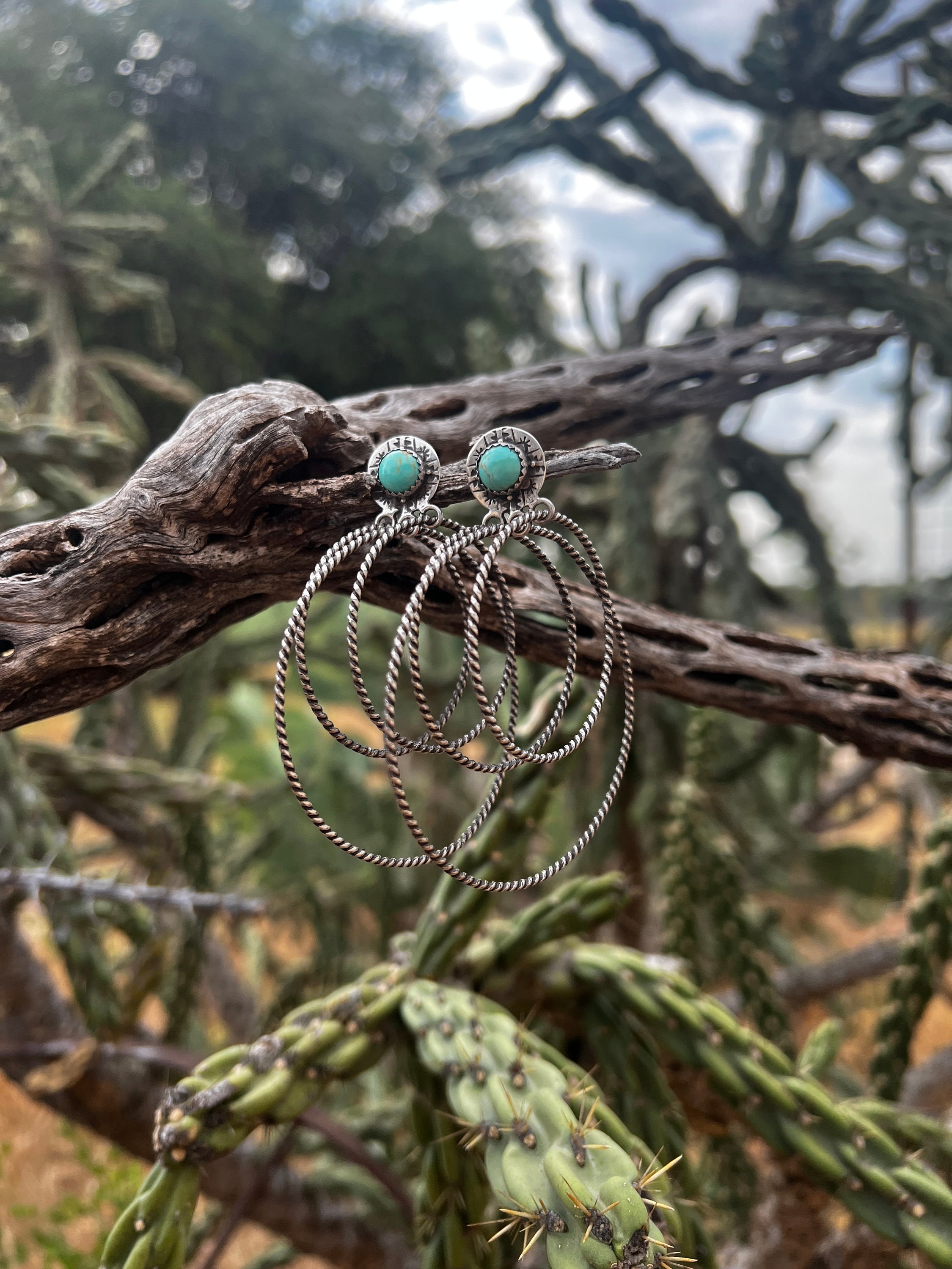 BECOME TREE ビカムツリー ピアスCONCHO×HOOP PIERCE Cayuga Triple Hoop Earrings, Sterling Silver, Turquoise, Handmade