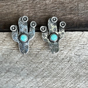 Serrano Saguaro Cactus with Turquoise, Cactus Post Earrings, Sterling Silver, Handmade, Flowering Cactus, Visible Faith Jewelry