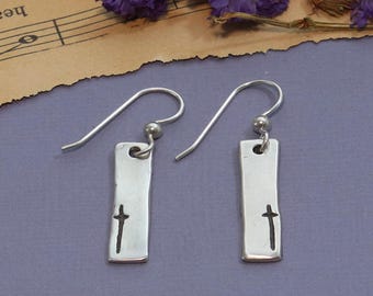 Simply Him Narrow Earrings, Visible Faith, Sterling Silver Jewelry, Christian, Handmade, Cross