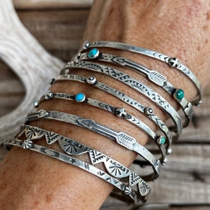 Makah Bangle Bracelets, Sterling Silver, Hand Stamped, Visible Faith Jewelry, Turquoise