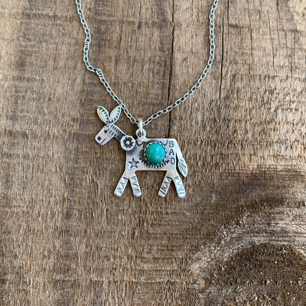 Bad Ass Donkey Necklace, Sterling Silver, Turquoise, Stamped Silver, Handmade, Necklace, Pendant, Unique, Visible Faith Jewelry