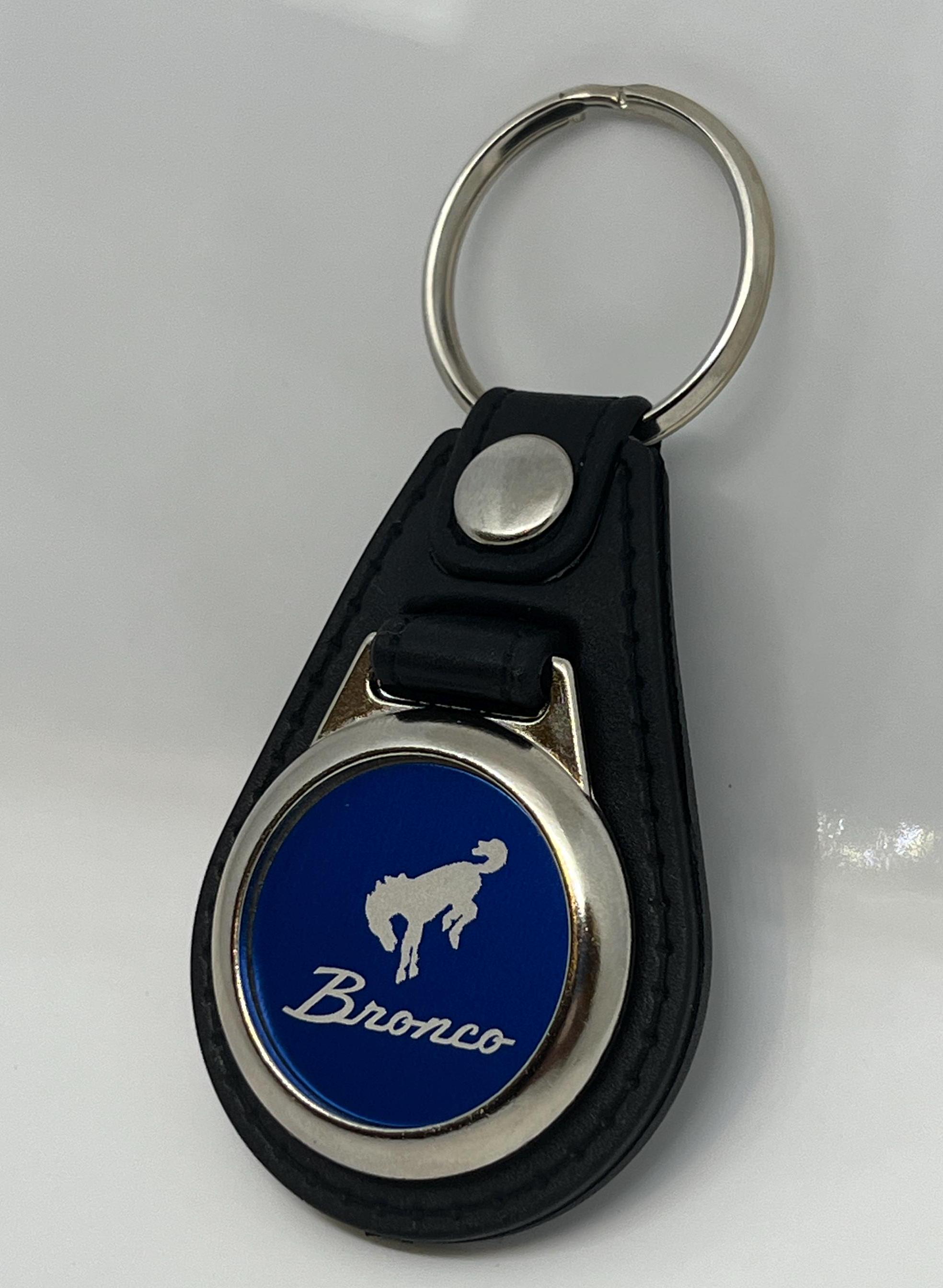 BRONCO Engraved Black Leather Keychain Premium Quality Blue Face