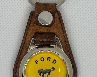 Leather Retro hand cured old school Bronco keychain yellow