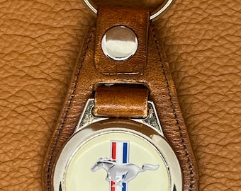 1969 Pony Car Keychain – Retro 60s Striped Muscle Emblem Leather Key Ring – Classic American Auto Gift