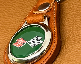 Premium leather Classic tan keychain for C3 corvette green