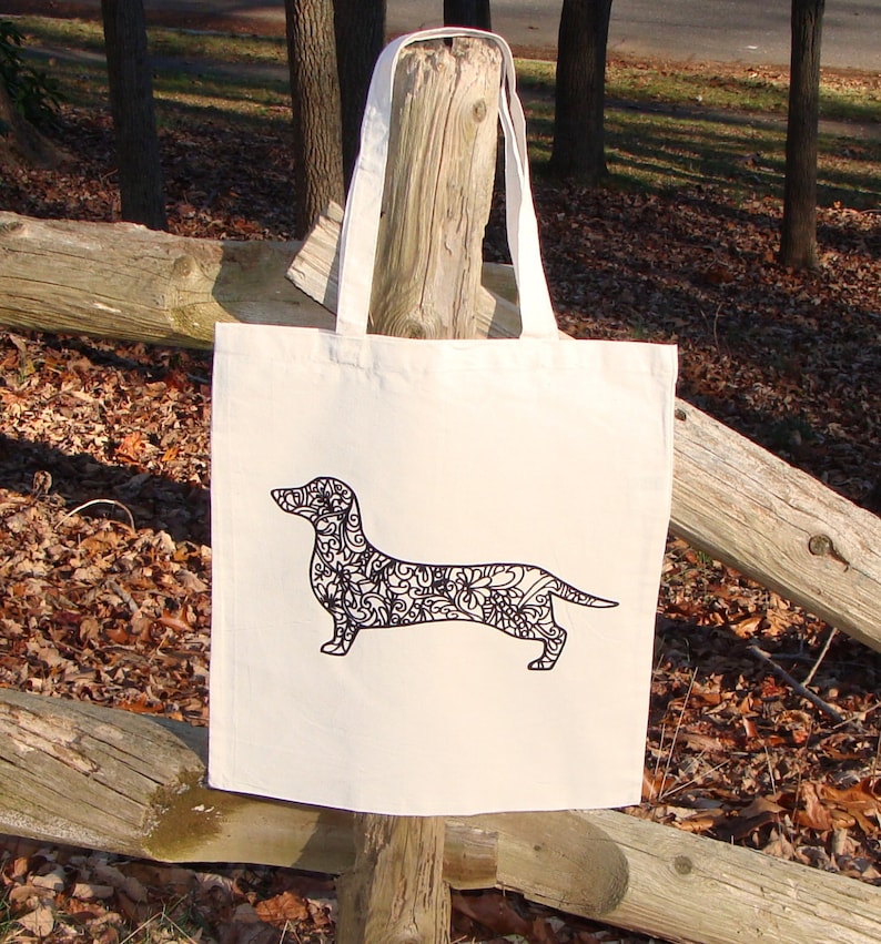Dachshund Dog Tote Bag Market Bag Zendoodle Doxie Puppy Adult Coloring Book Bag Graphic READY To COLOR Great Holiday Gift Party Favor