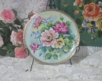 Norleans Japan Hand Painted Porcelain Plate, Roses, Pink, Yellow, Red, Cottage, Artist Signed