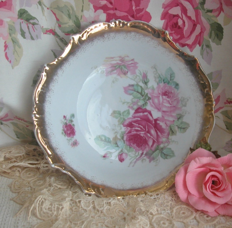 Gorgeous Hand Painted Roses Porcelain Bowl, Cottage, Shabby Chic image 1